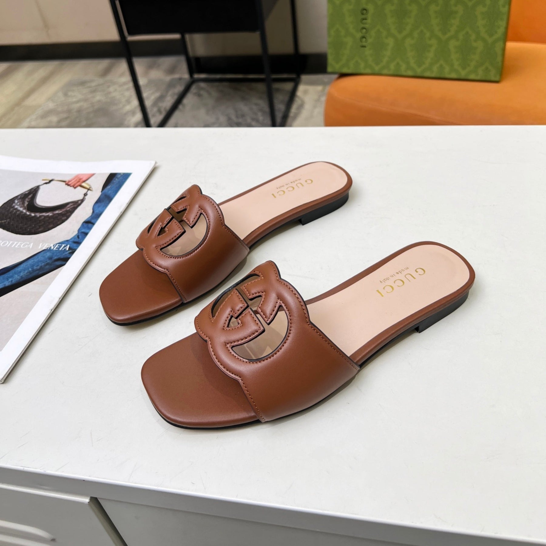 GG Leather Sandal with GG Interlocking Brown