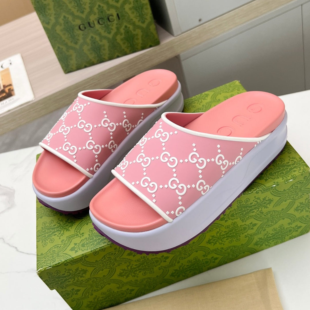 Slide Flip Flops GG Pink and Lilac Canvas White Details