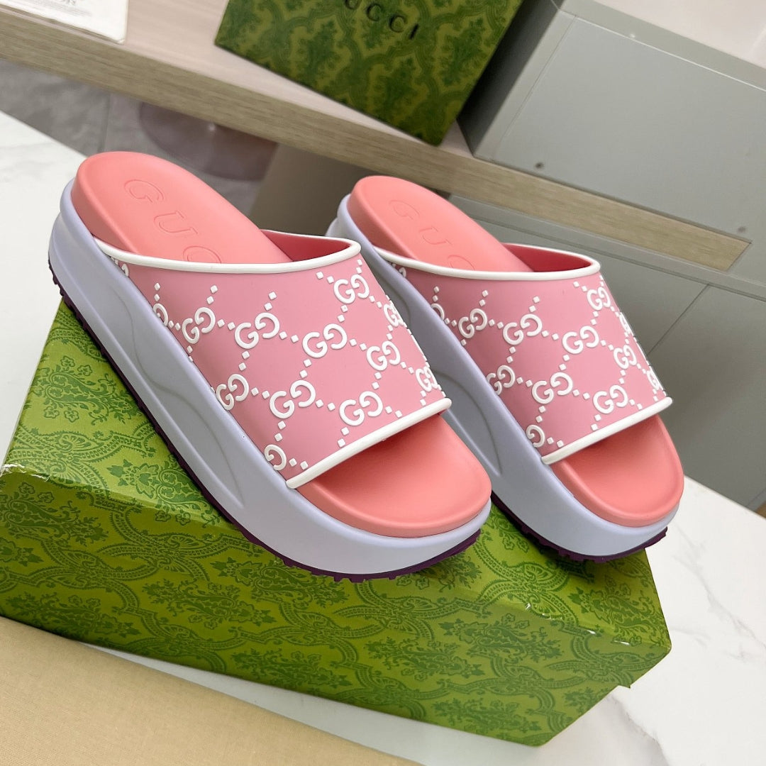 Slide Flip Flops GG Pink and Lilac Canvas White Details