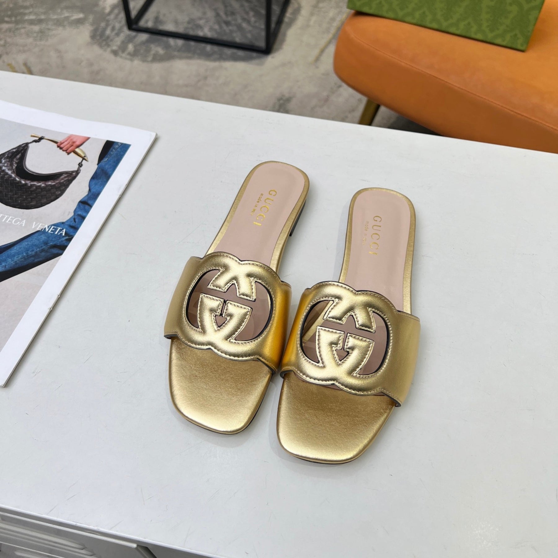 GG Leather Sandal with Gold GG Interlocking