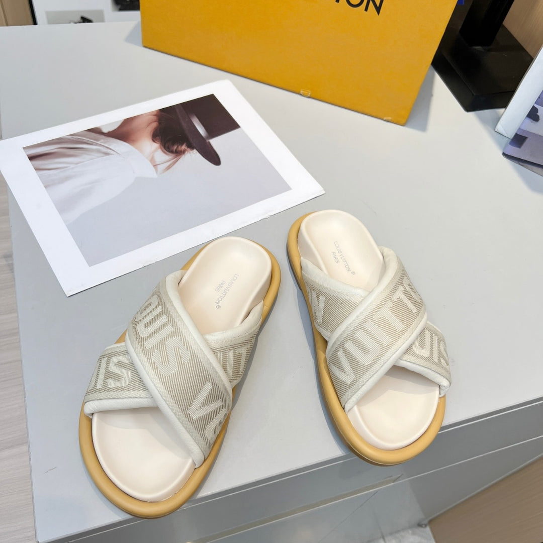 LV Off-White Leather Slide Sandal