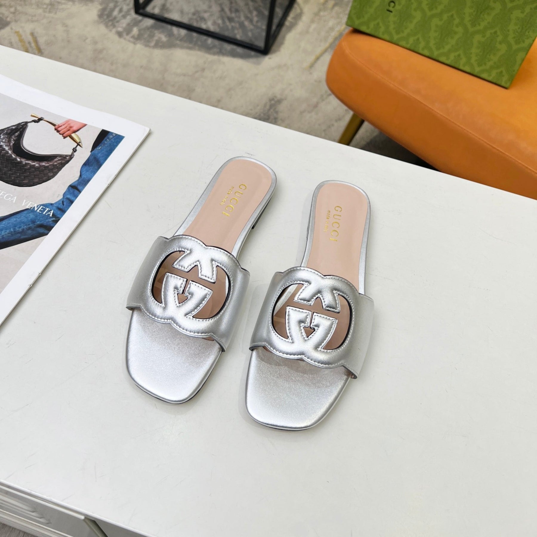 GG Leather Sandal with GG Silver Interlocking