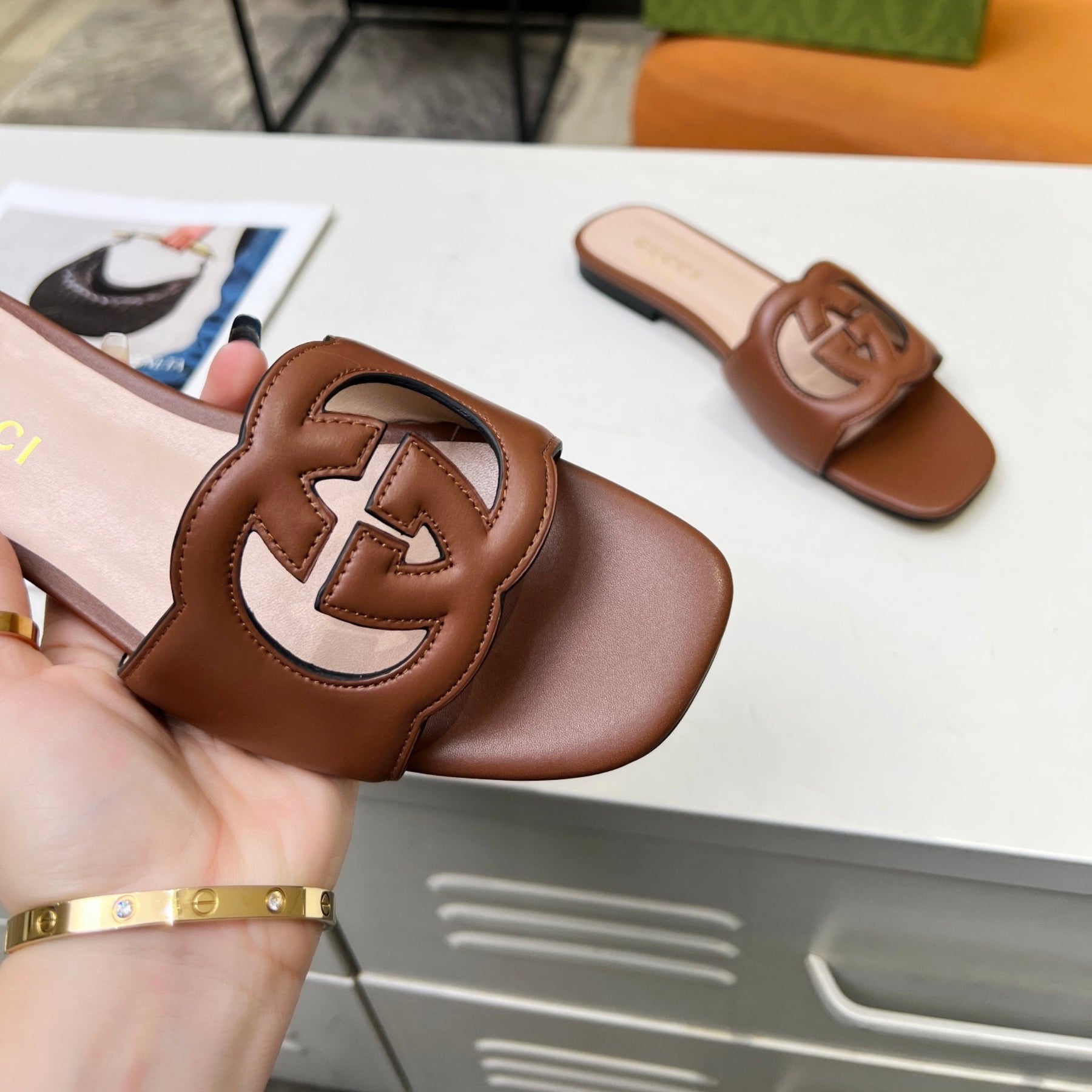 GG Leather Sandal with GG Interlocking Brown