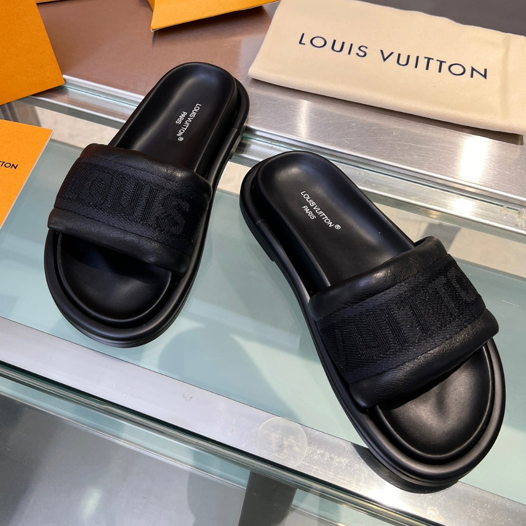LV Black #4 Leather Slide Sandal