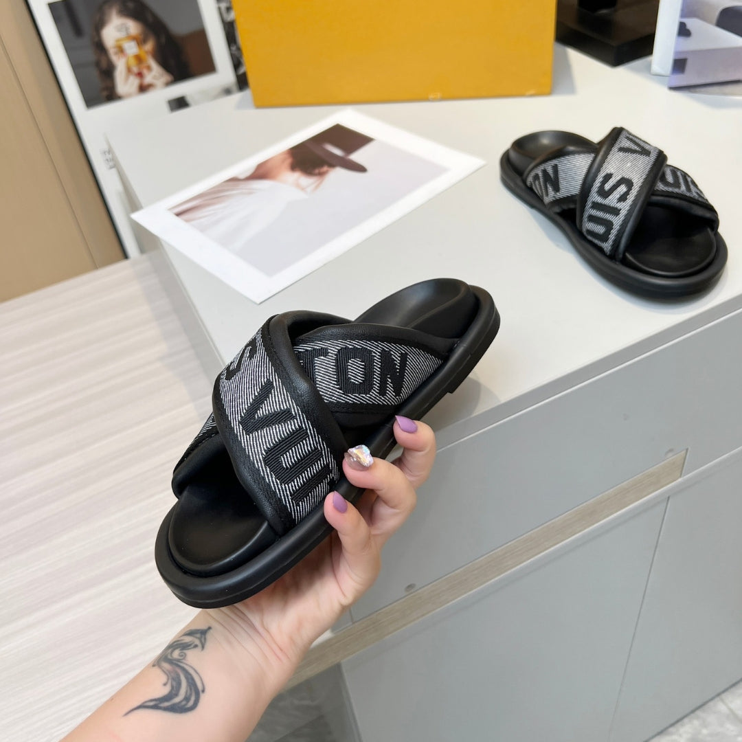 LV Black #2 Leather Slide Sandal