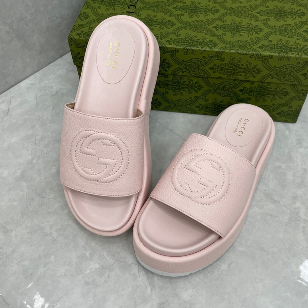 Sandália GG Plataforma Slider Couro Rosa interlocking
