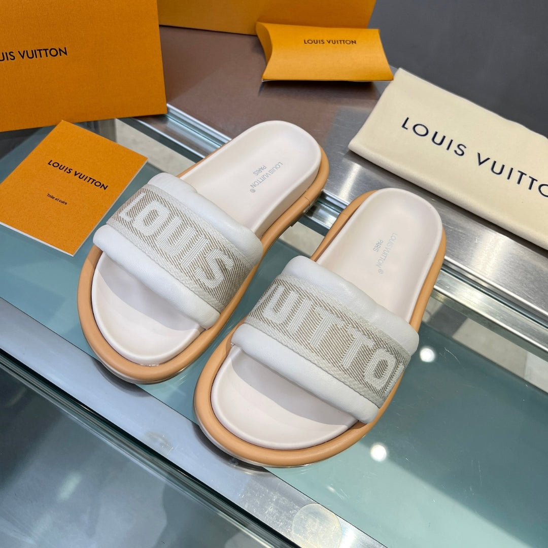 LV Off White 2 Leather Slide Sandal