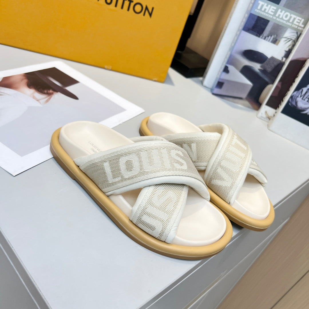LV Off-White Leather Slide Sandal