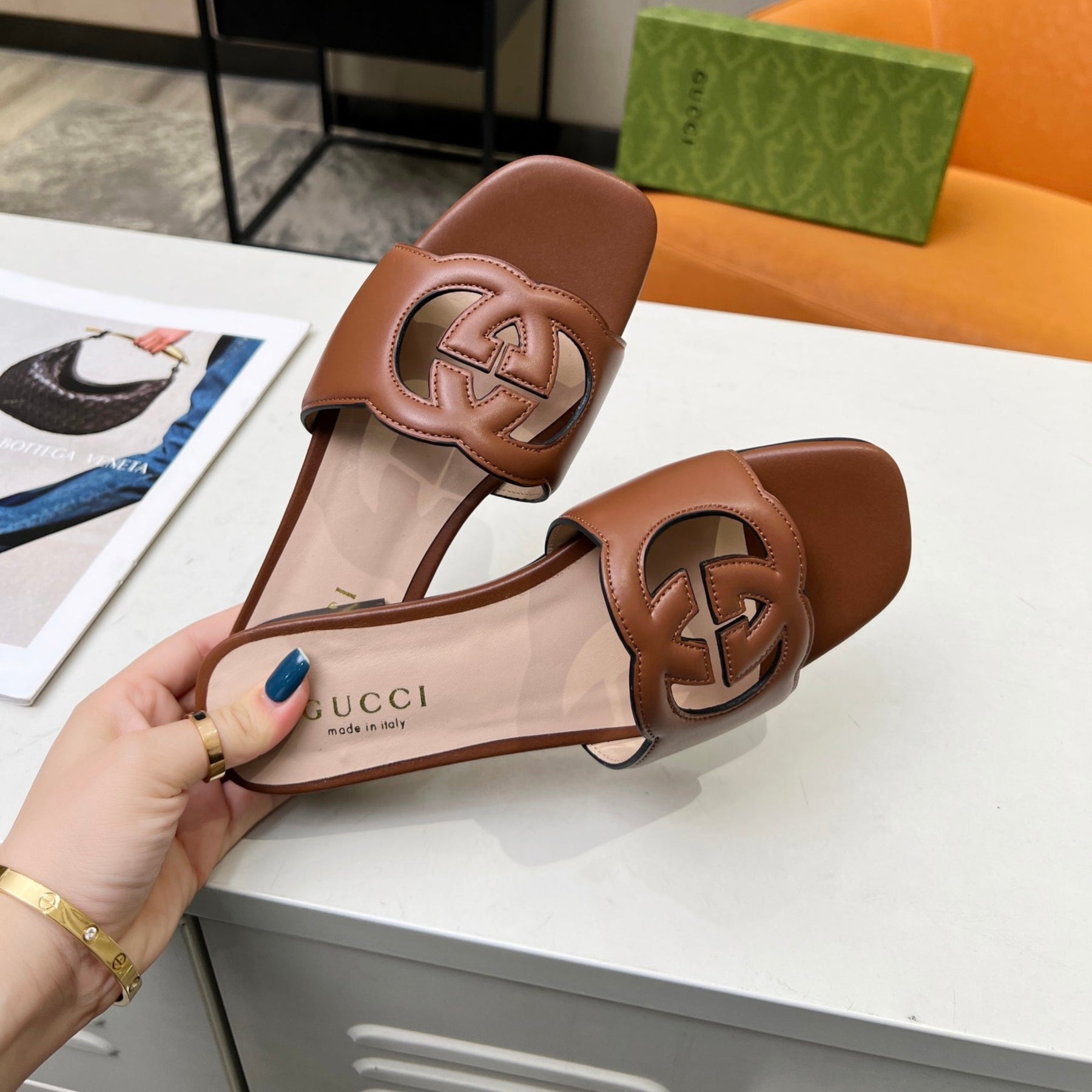 GG Leather Sandal with GG Interlocking Brown