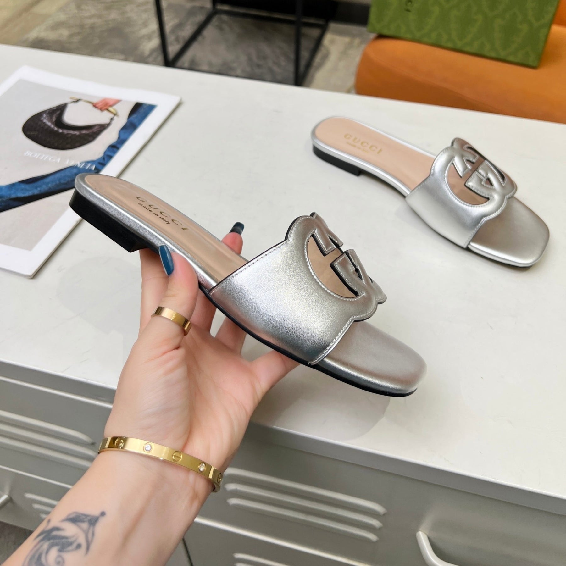 GG Leather Sandal with GG Silver Interlocking