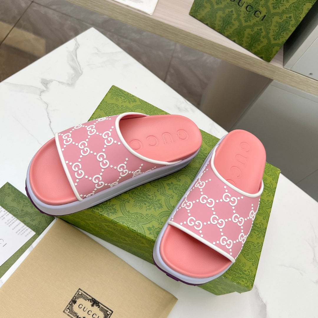 Slide Flip Flops GG Pink and Lilac Canvas White Details