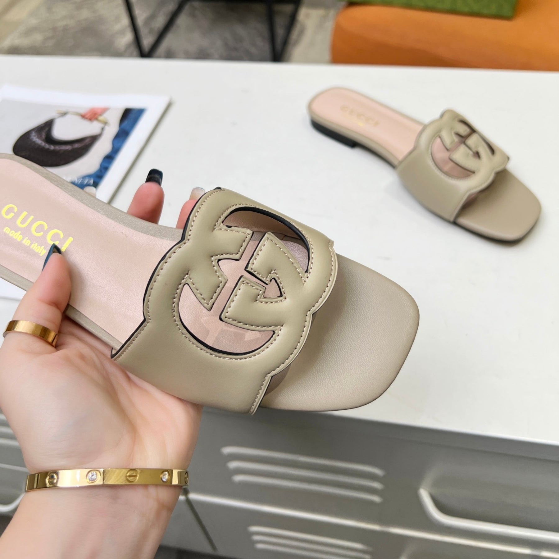 GG Leather Sandal with Beige GG Interlocking