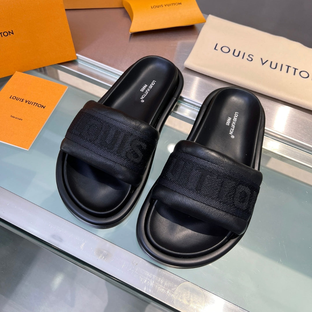 LV Black #4 Leather Slide Sandal