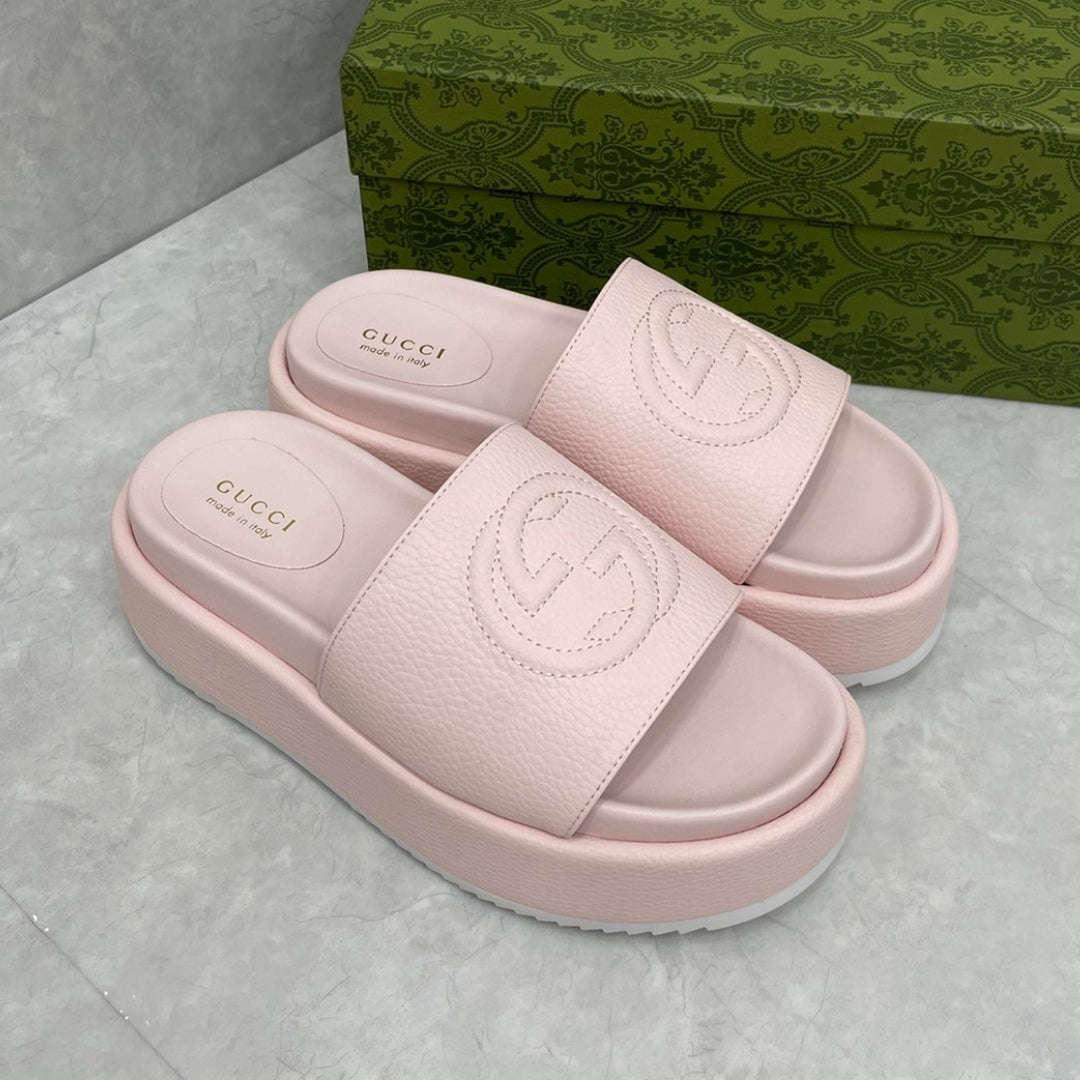 Sandália GG Plataforma Slider Couro Rosa interlocking