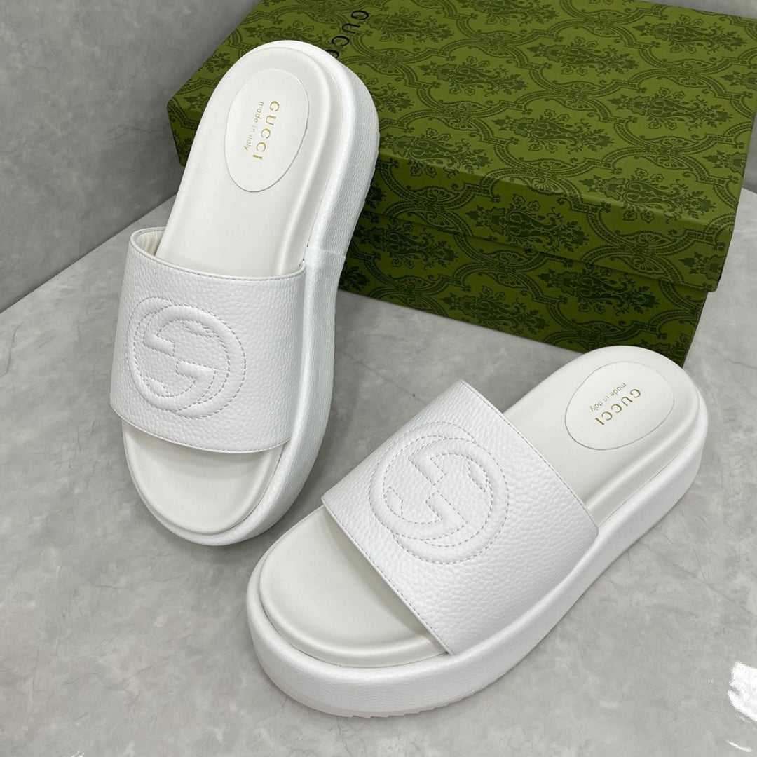 Sandália GG Plataforma Slider Couro Branco interlocking