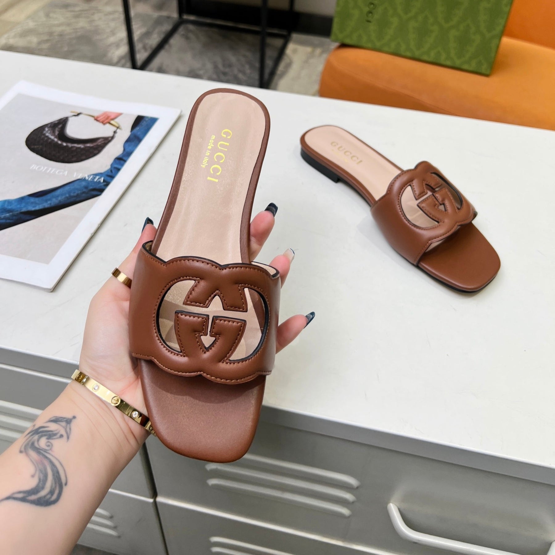 GG Leather Sandal with GG Interlocking Brown