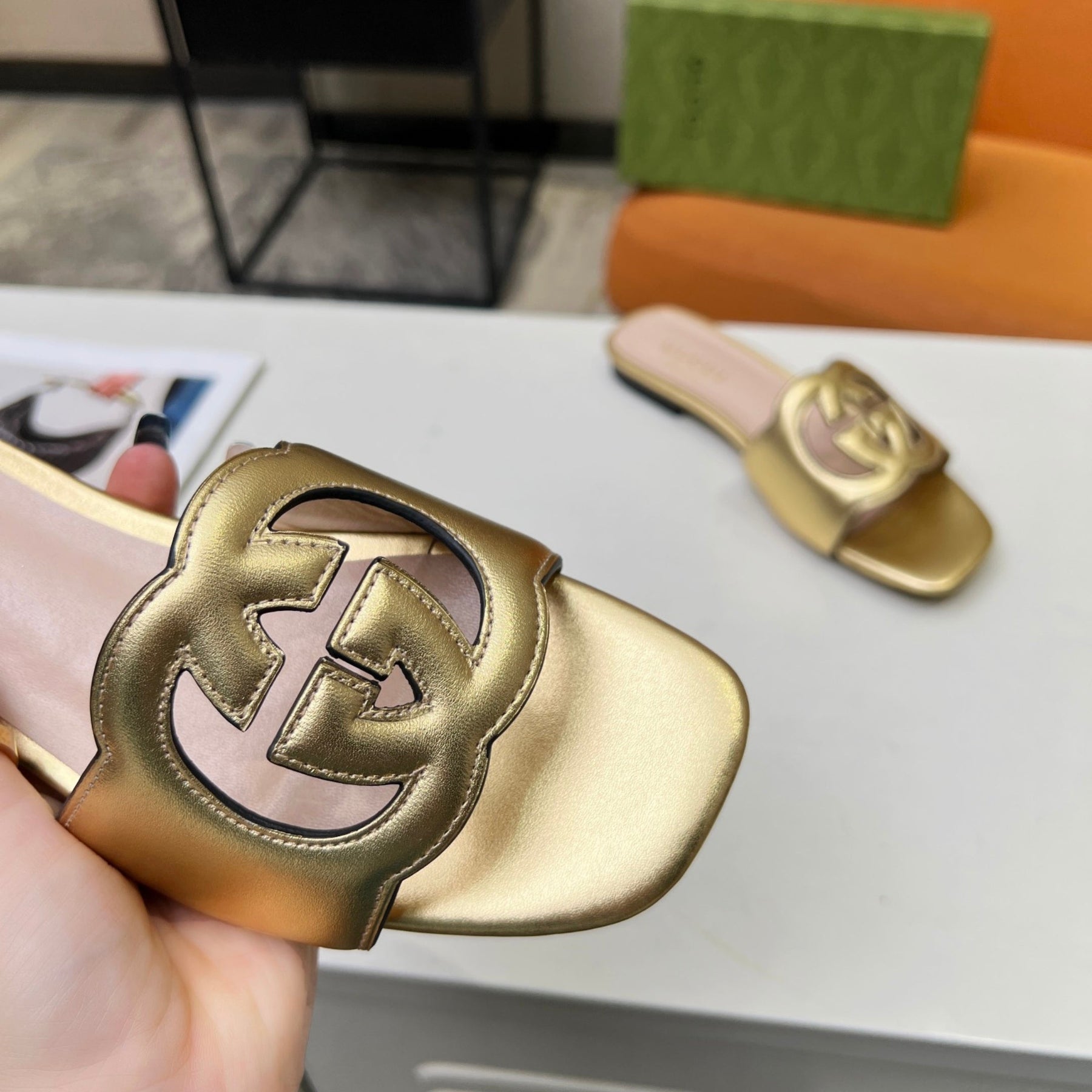 GG Leather Sandal with Gold GG Interlocking