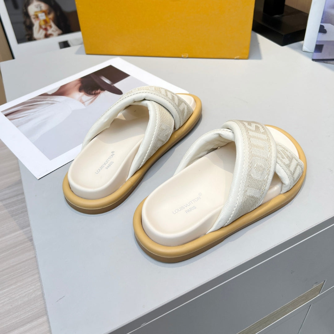 LV Off-White Leather Slide Sandal