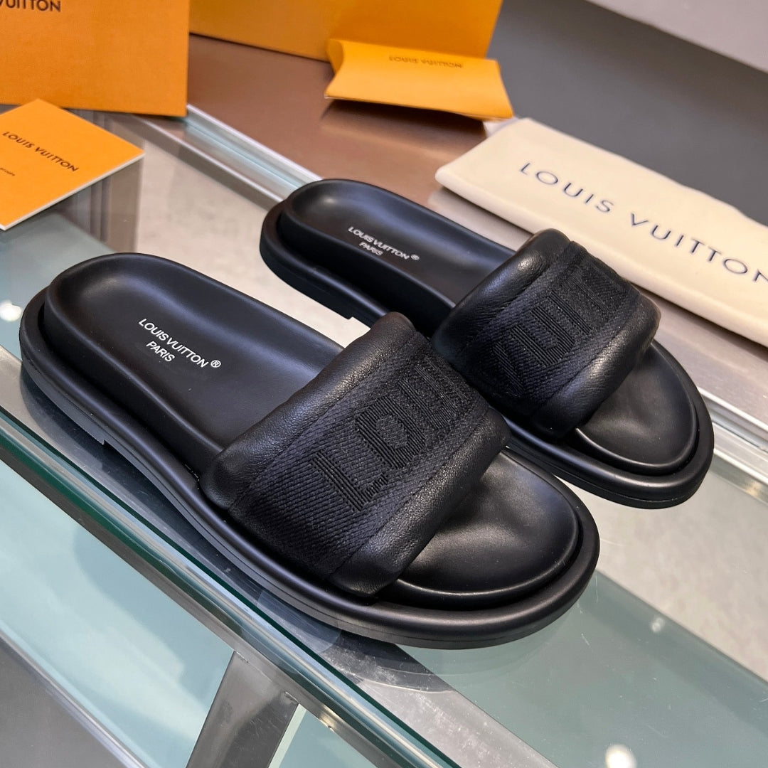 LV Black #4 Leather Slide Sandal