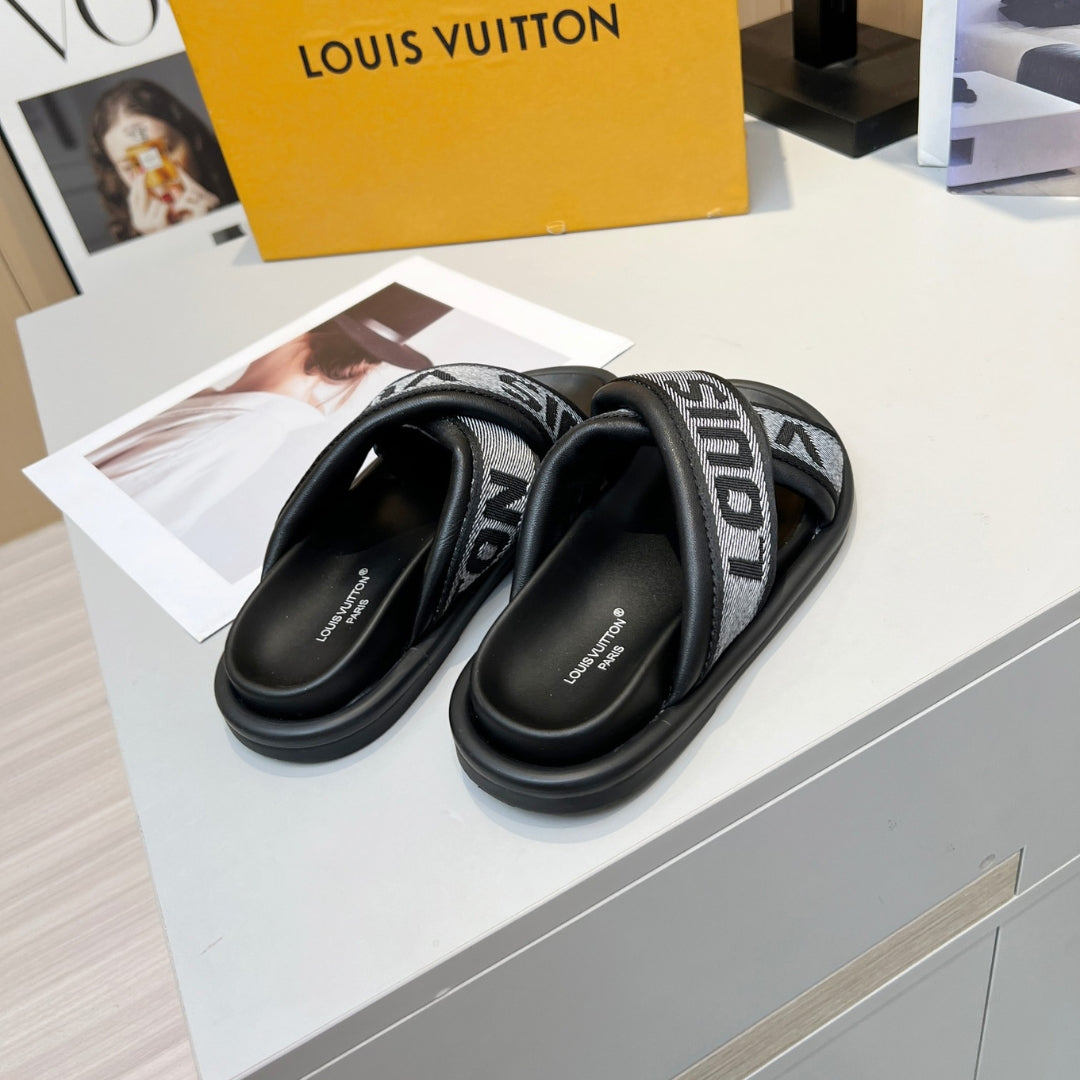 LV Black #2 Leather Slide Sandal