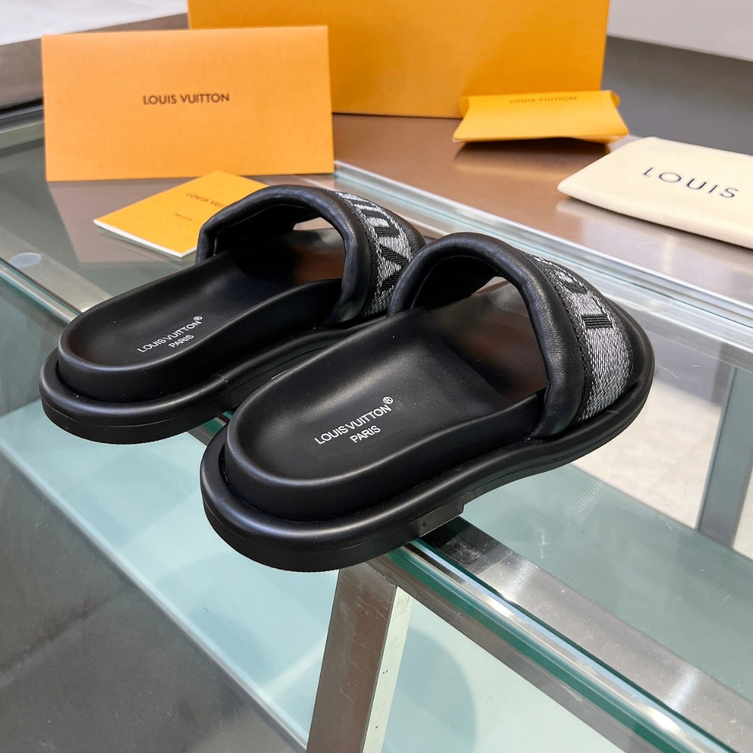 LV Black #3 Leather Slide Sandal