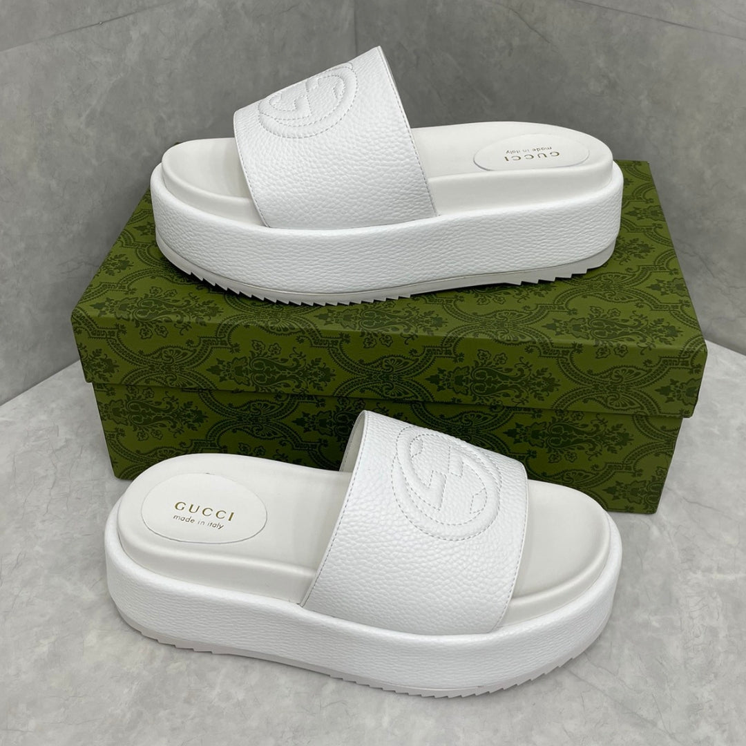 Sandália GG Plataforma Slider Couro Branco interlocking