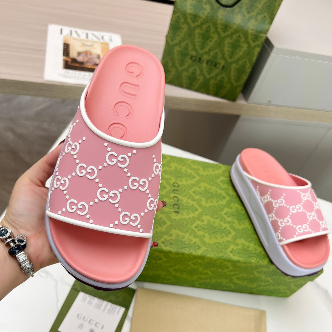 Slide Flip Flops GG Pink and Lilac Canvas White Details