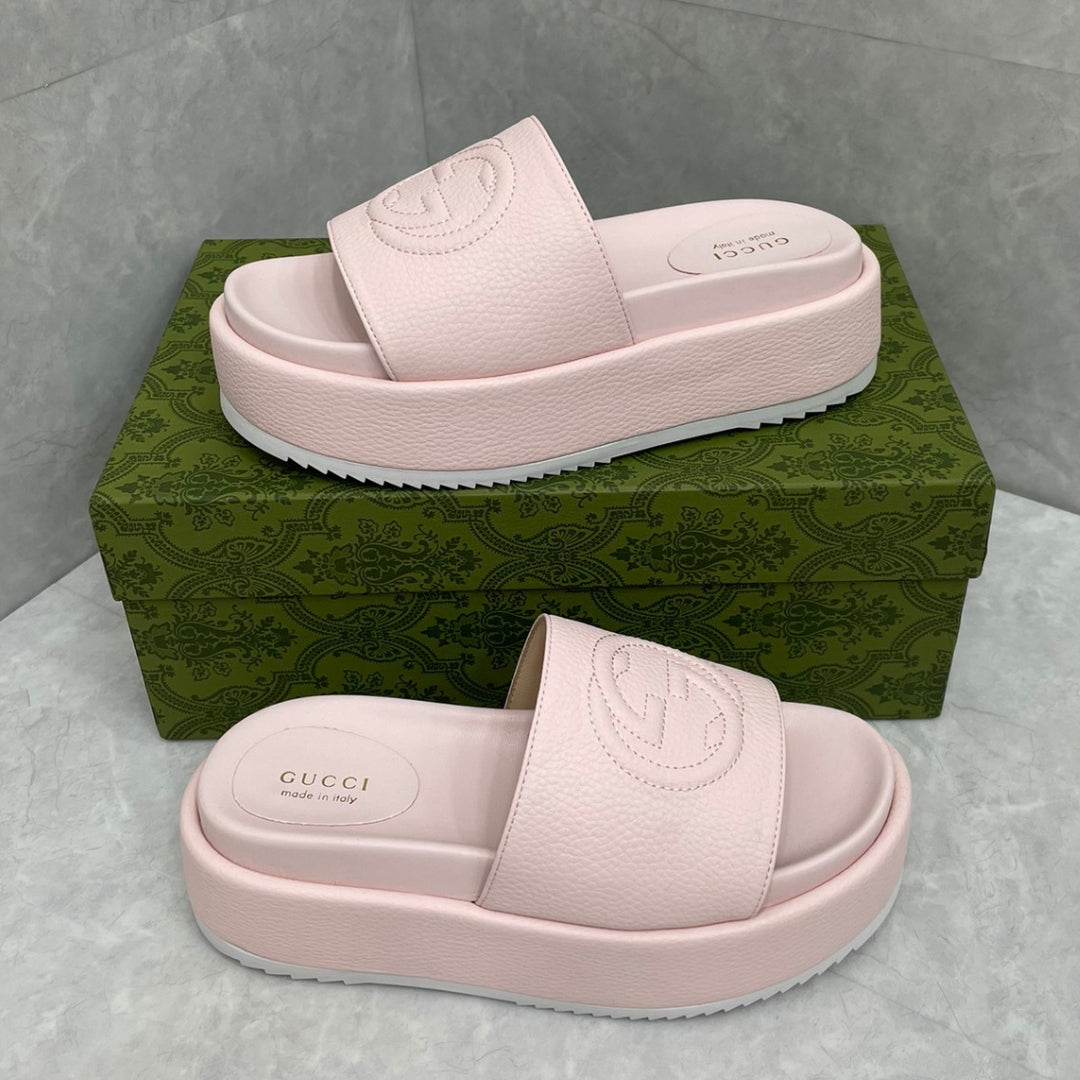 Sandália GG Plataforma Slider Couro Rosa interlocking