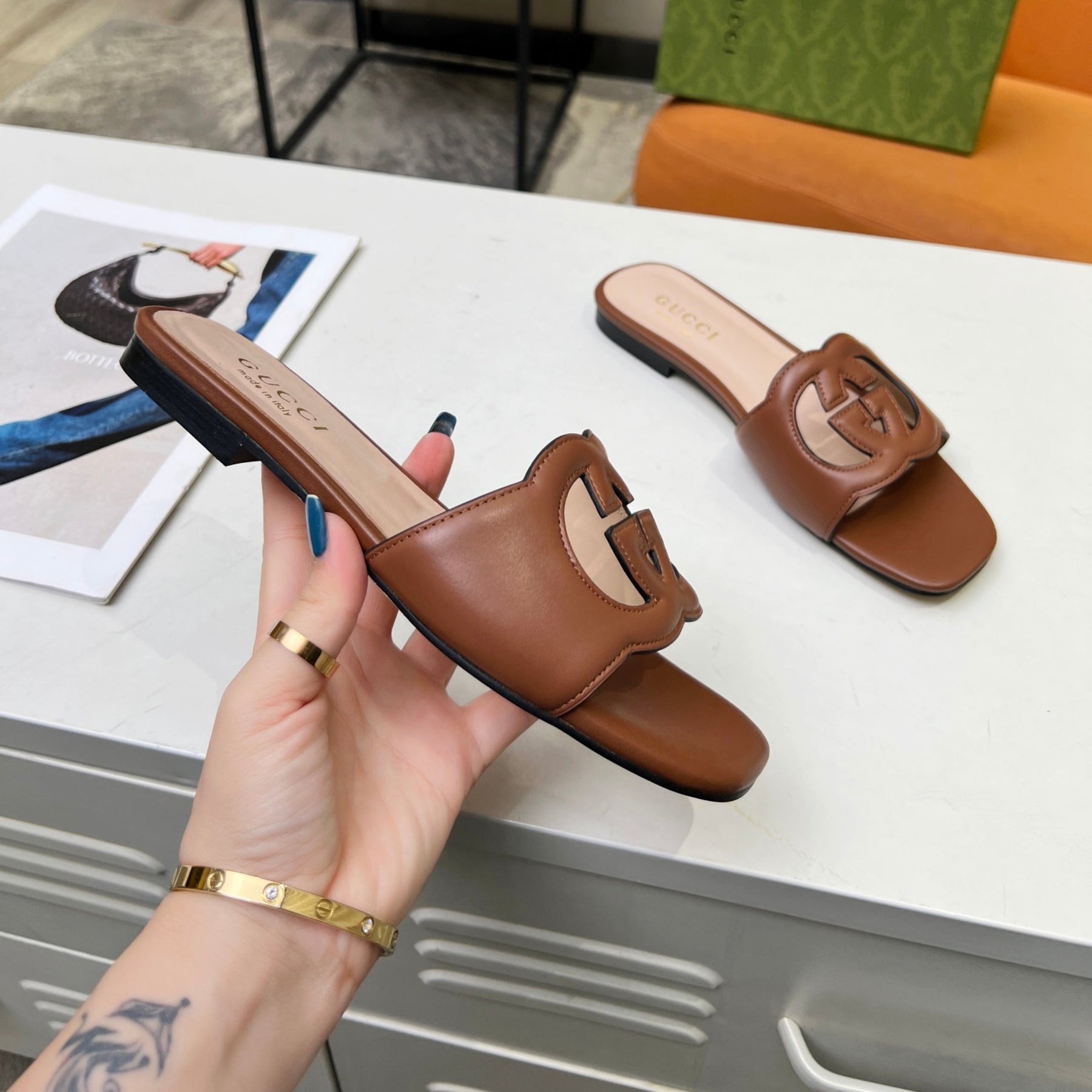 GG Leather Sandal with GG Interlocking Brown