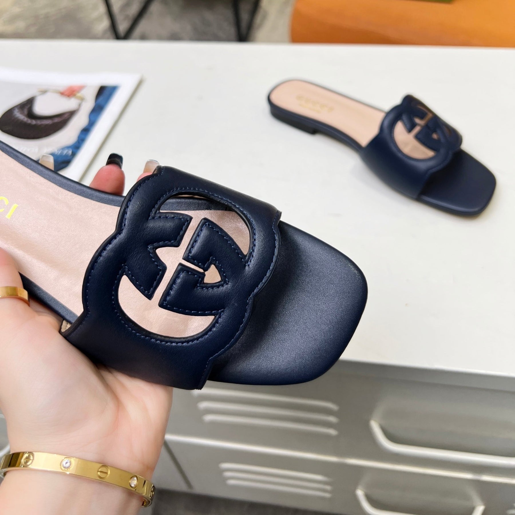 GG Leather Sandal with GG Interlocking Navy Blue