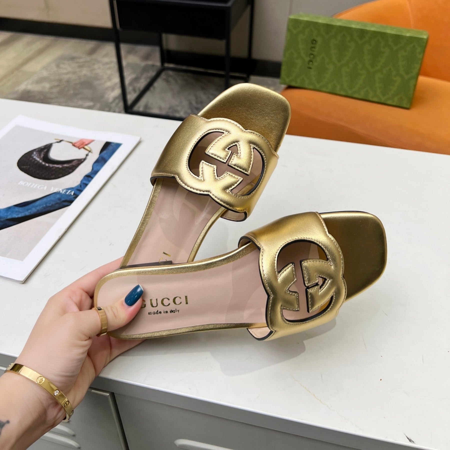 GG Leather Sandal with Gold GG Interlocking