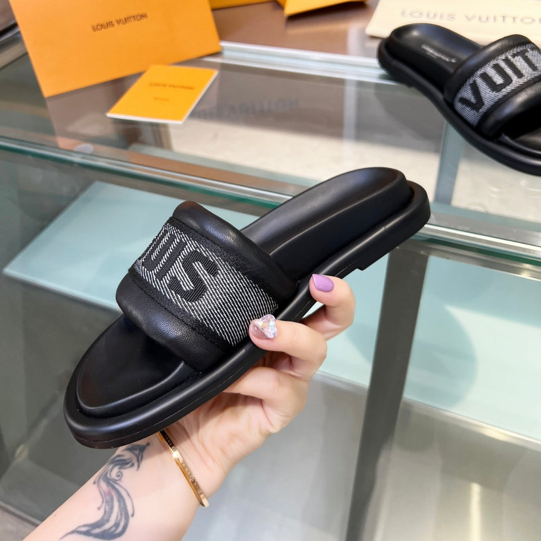 LV Black #3 Leather Slide Sandal