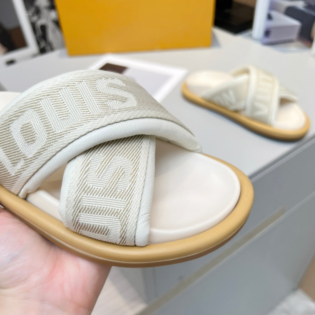 LV Off-White Leather Slide Sandal