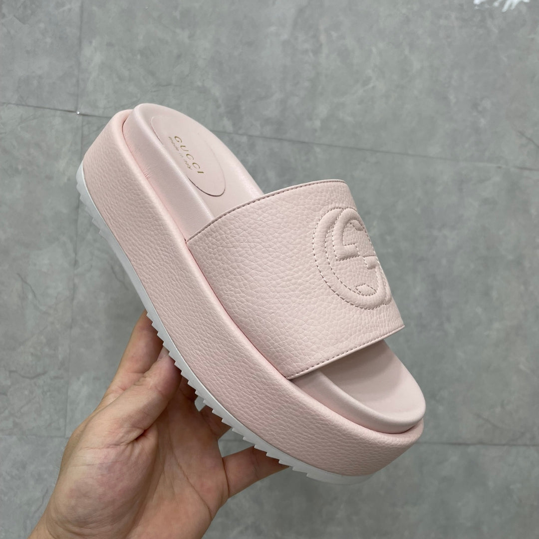 Sandália GG Plataforma Slider Couro Rosa interlocking