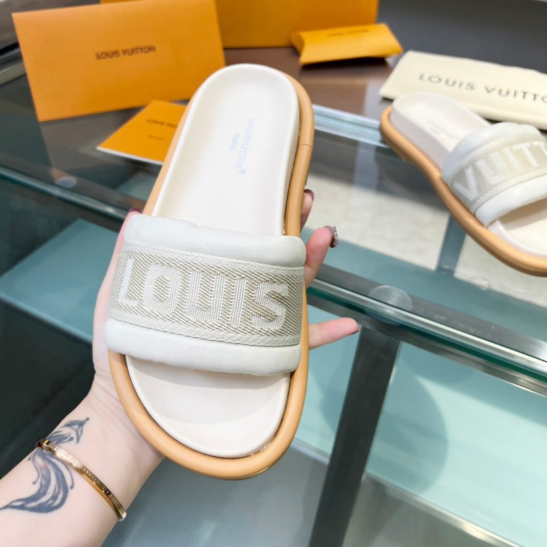 LV Off White 2 Leather Slide Sandal