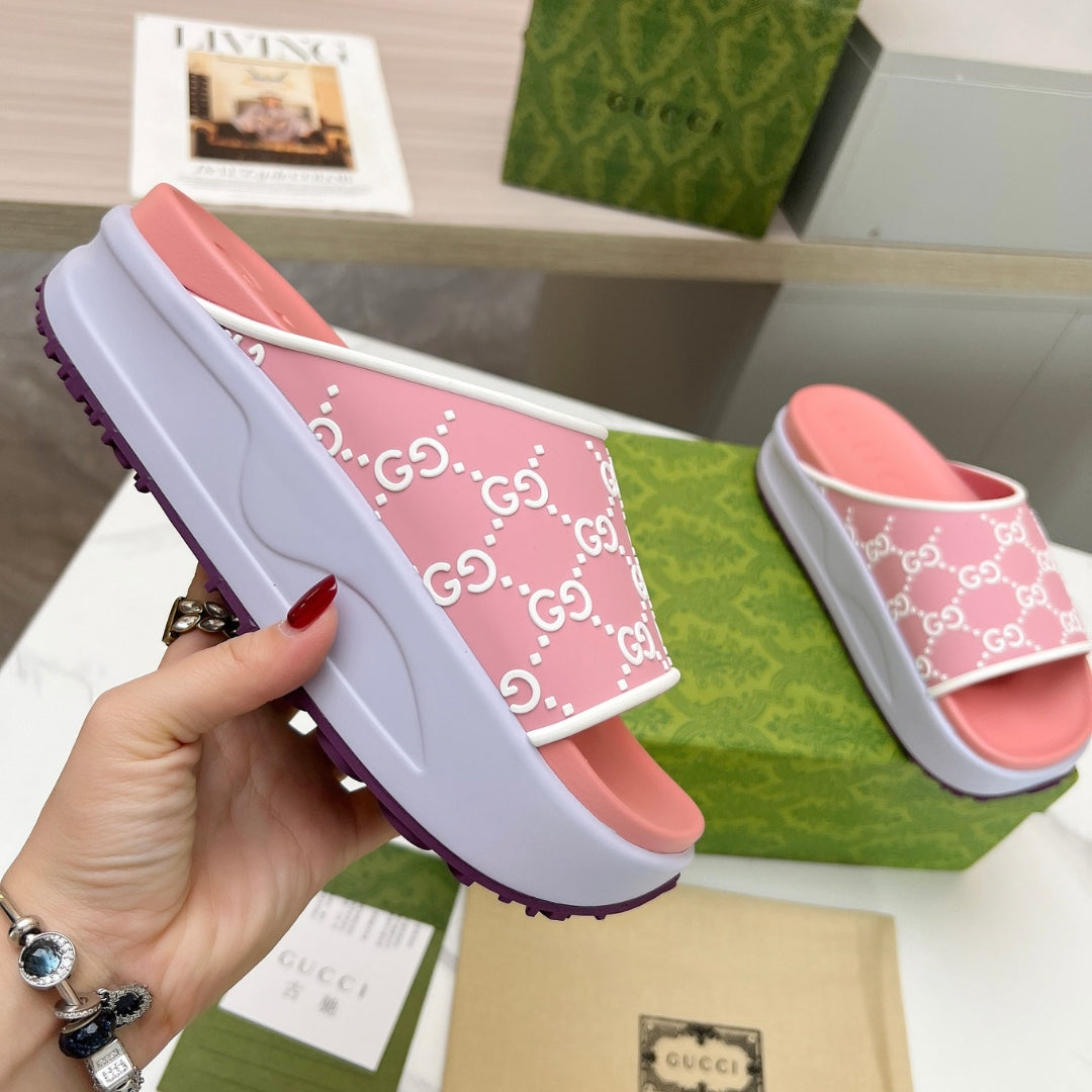 Slide Flip Flops GG Pink and Lilac Canvas White Details