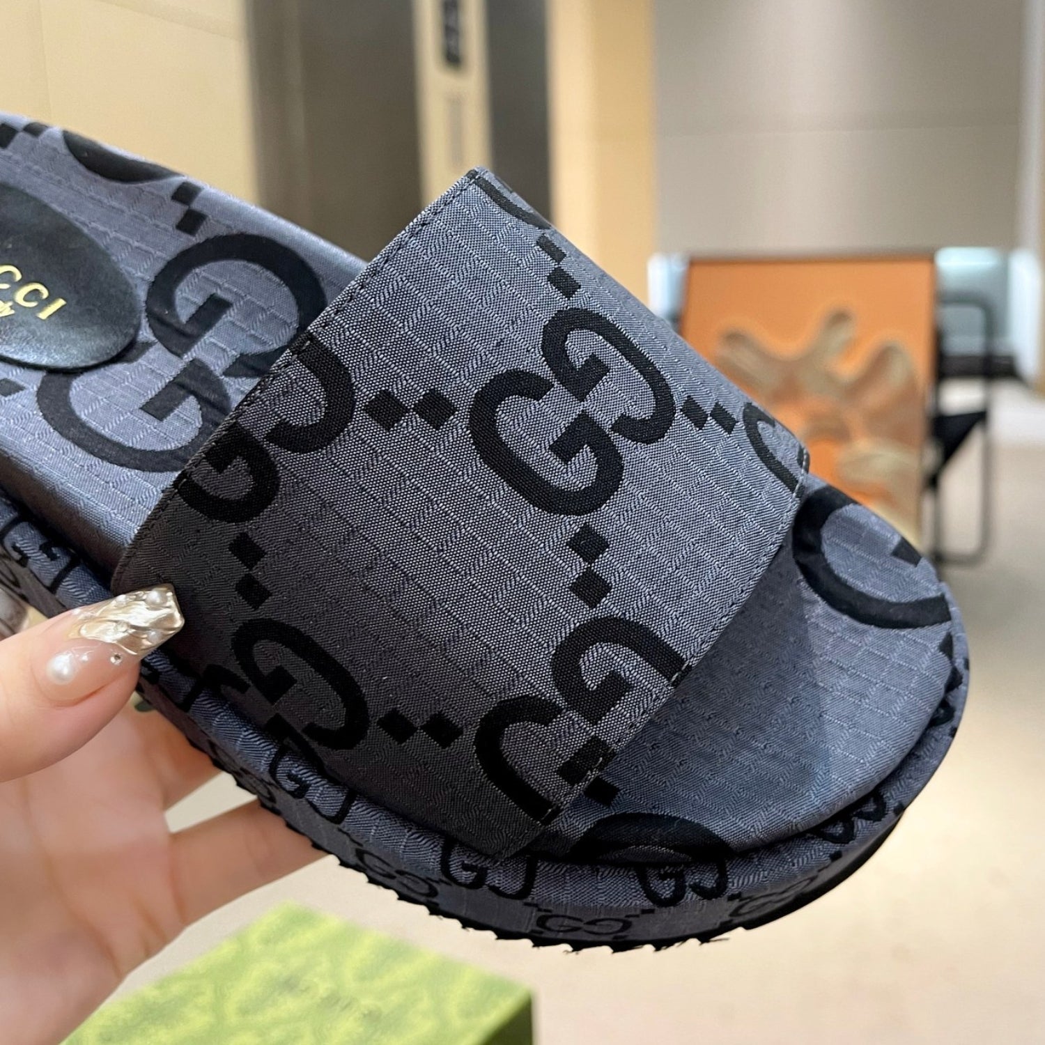 GG Platform Slider Sandal Gray with Print
