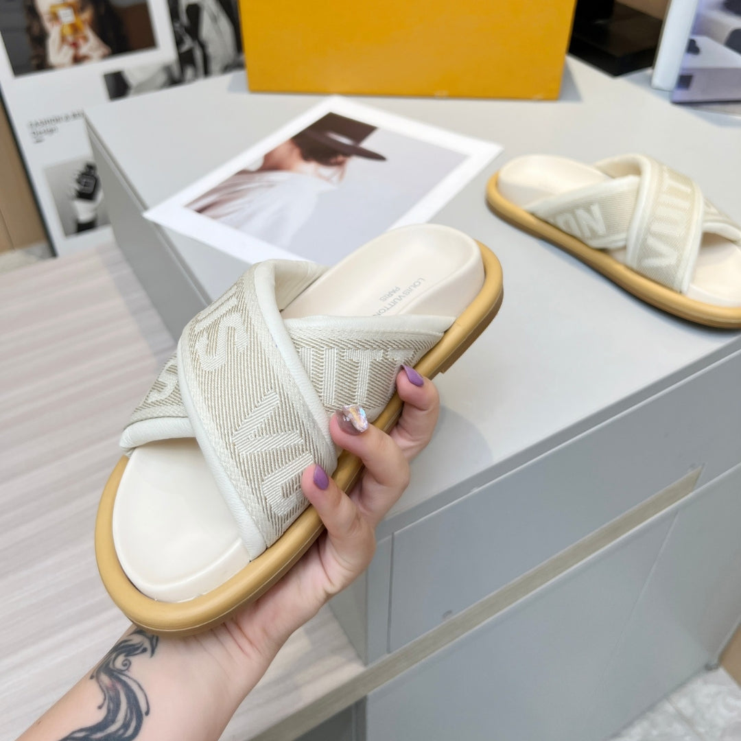 LV Off-White Leather Slide Sandal