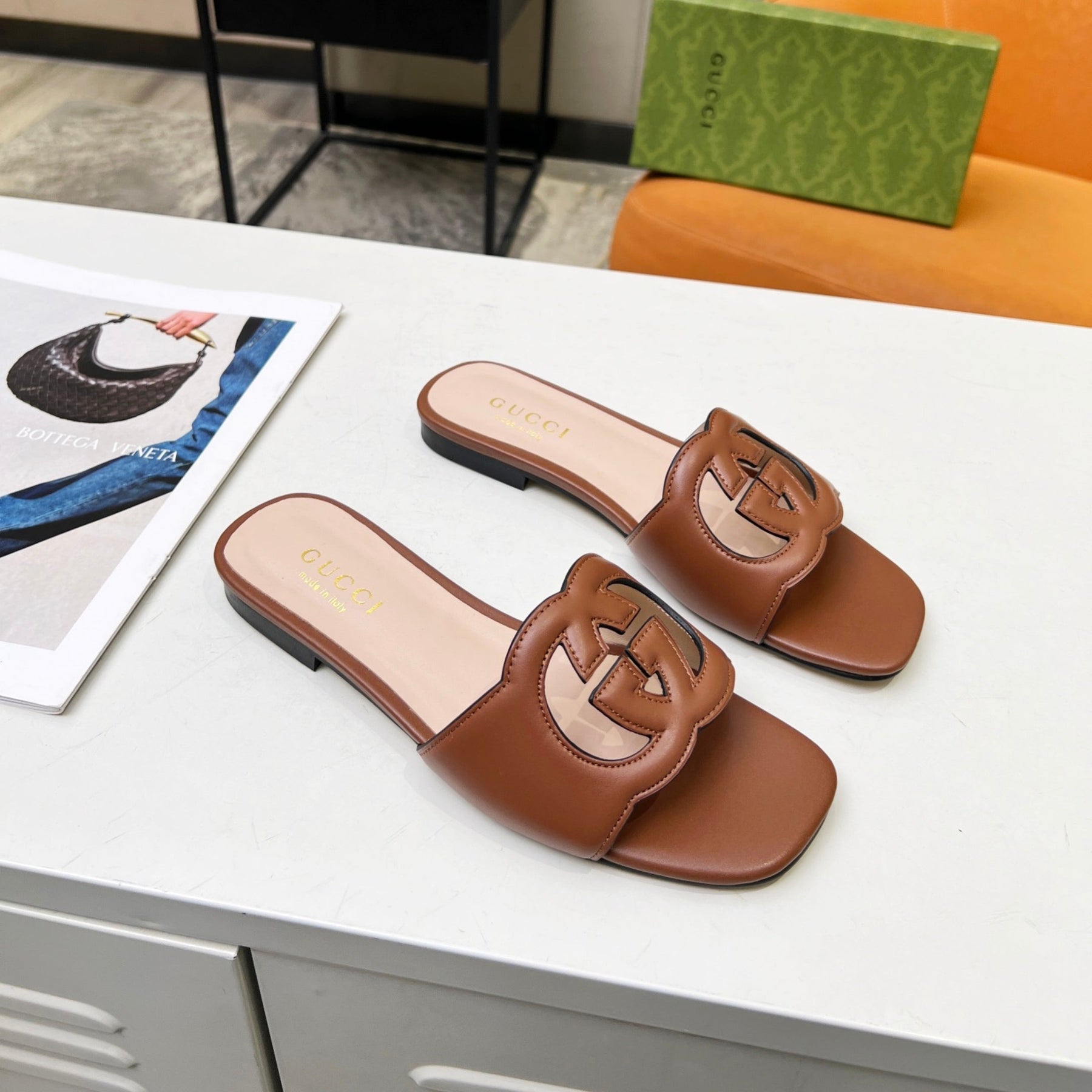 GG Leather Sandal with GG Interlocking Brown