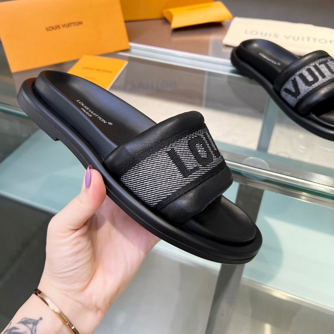 LV Black #3 Leather Slide Sandal