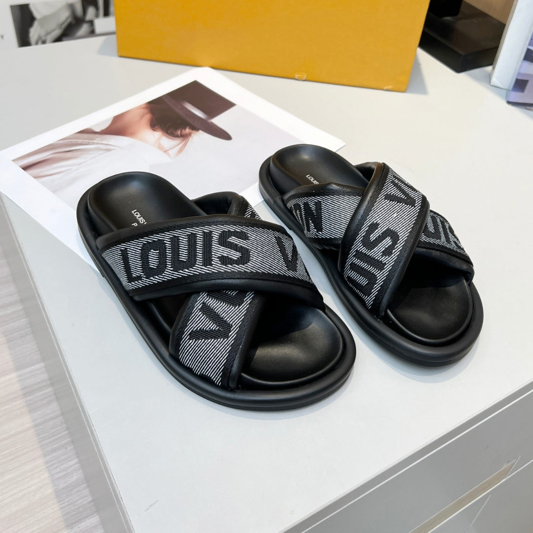 LV Black #2 Leather Slide Sandal