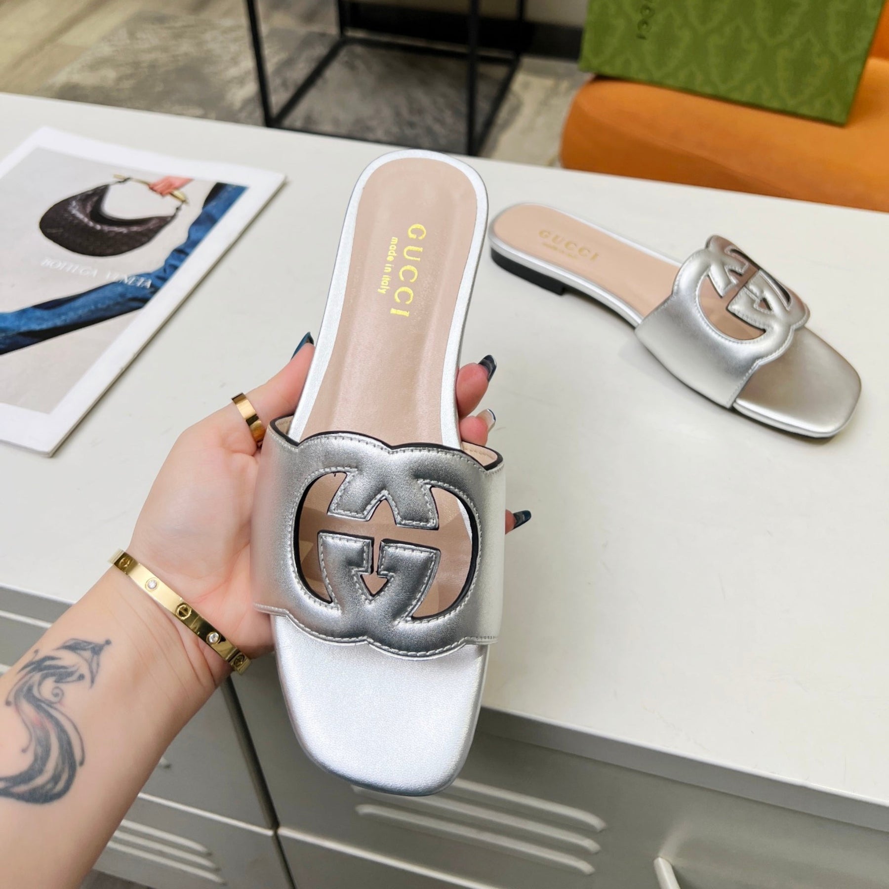 GG Leather Sandal with GG Silver Interlocking