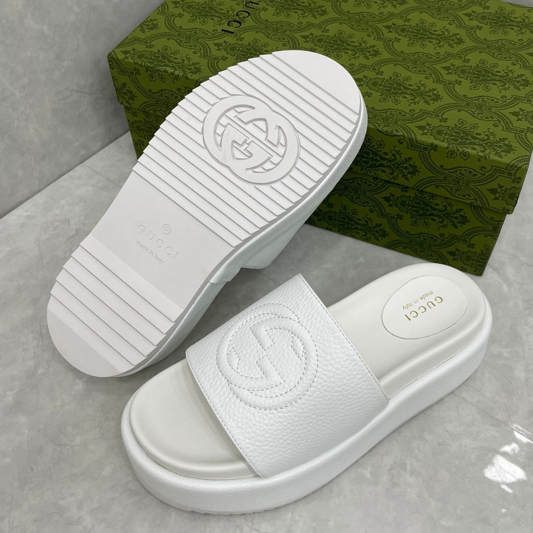 Sandália GG Plataforma Slider Couro Branco interlocking