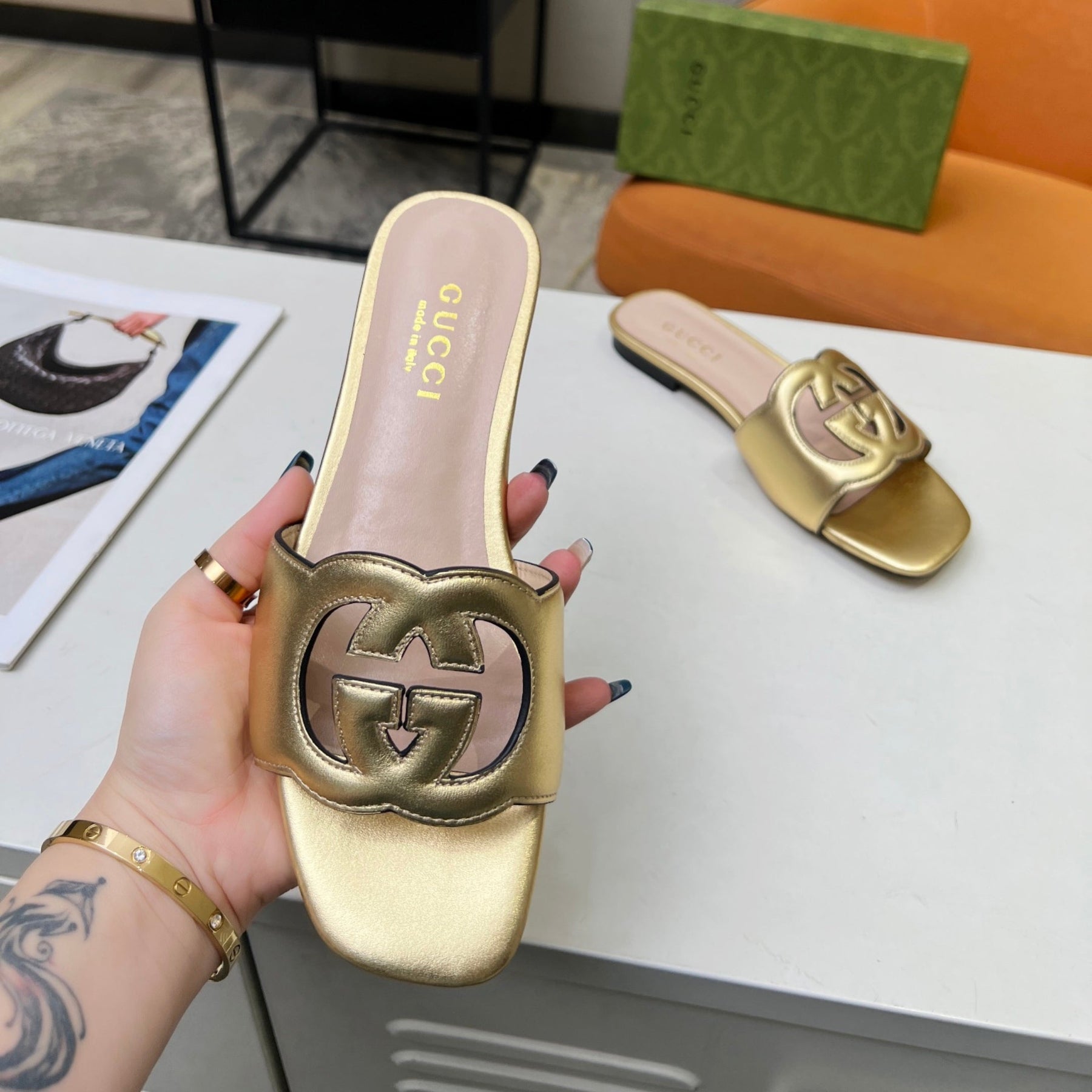 GG Leather Sandal with Gold GG Interlocking