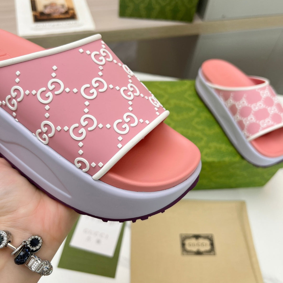 Slide Flip Flops GG Pink and Lilac Canvas White Details