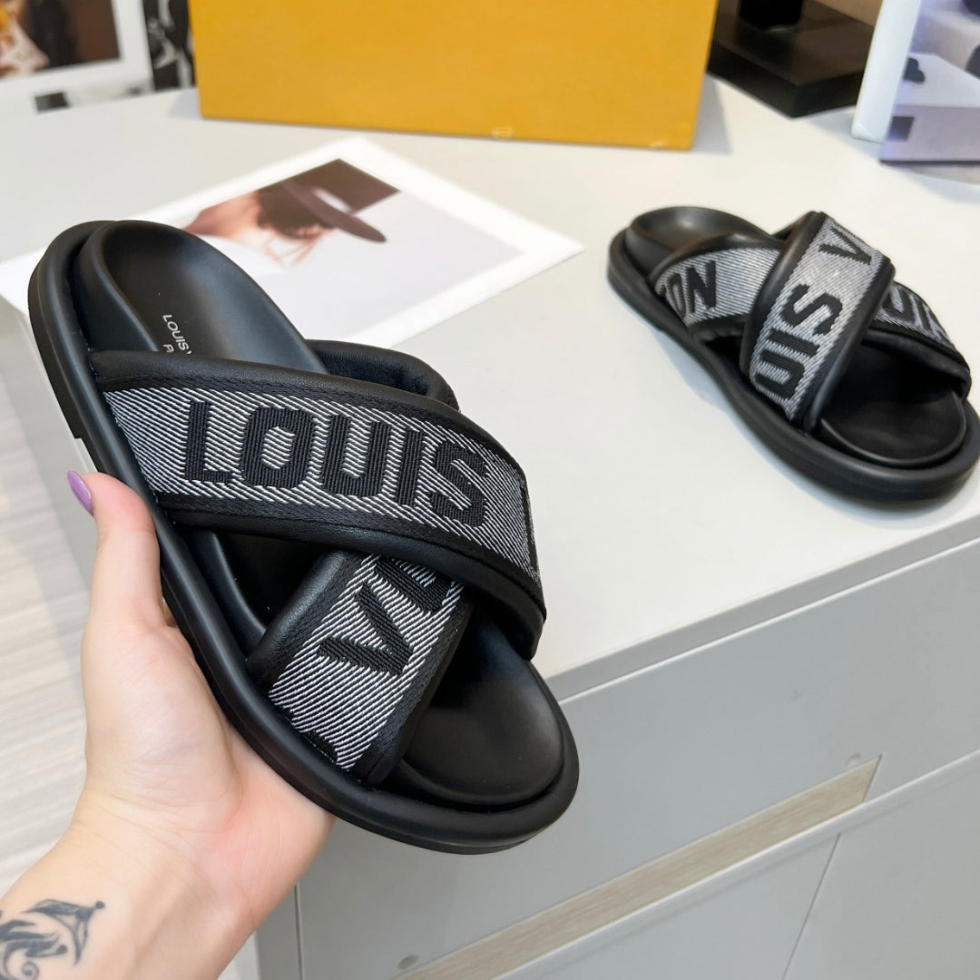 LV Black #2 Leather Slide Sandal