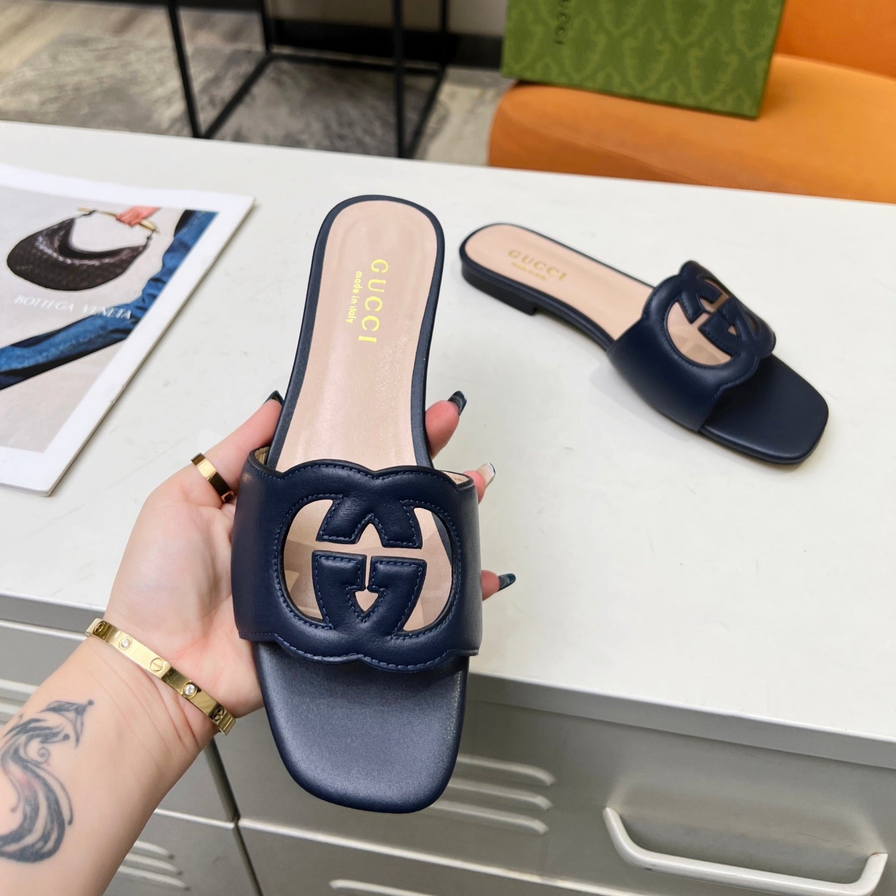GG Leather Sandal with GG Interlocking Navy Blue