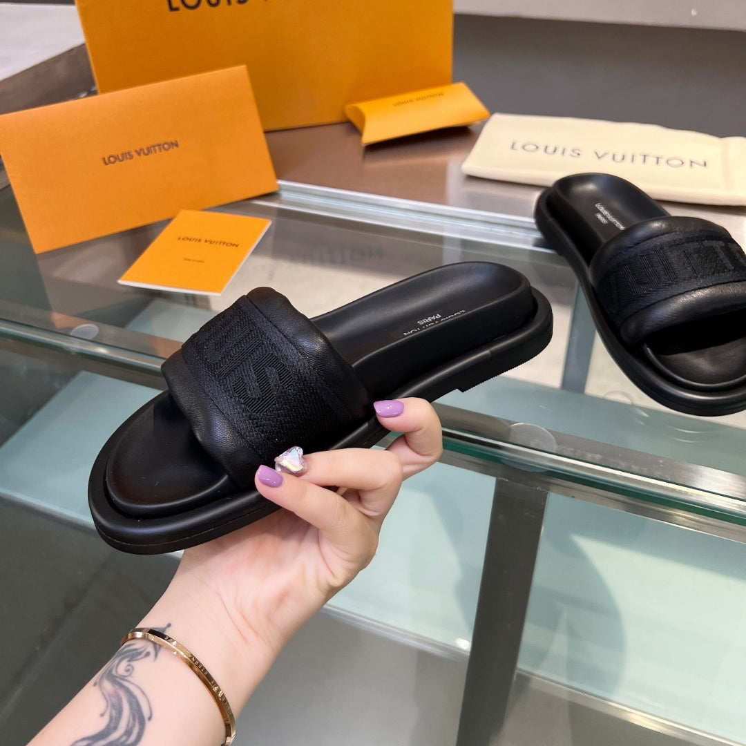 LV Black #4 Leather Slide Sandal