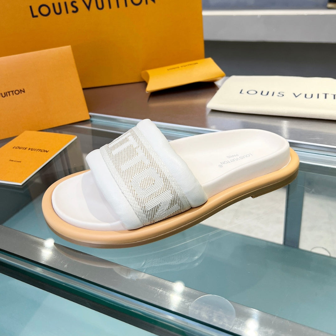 LV Off White 2 Leather Slide Sandal