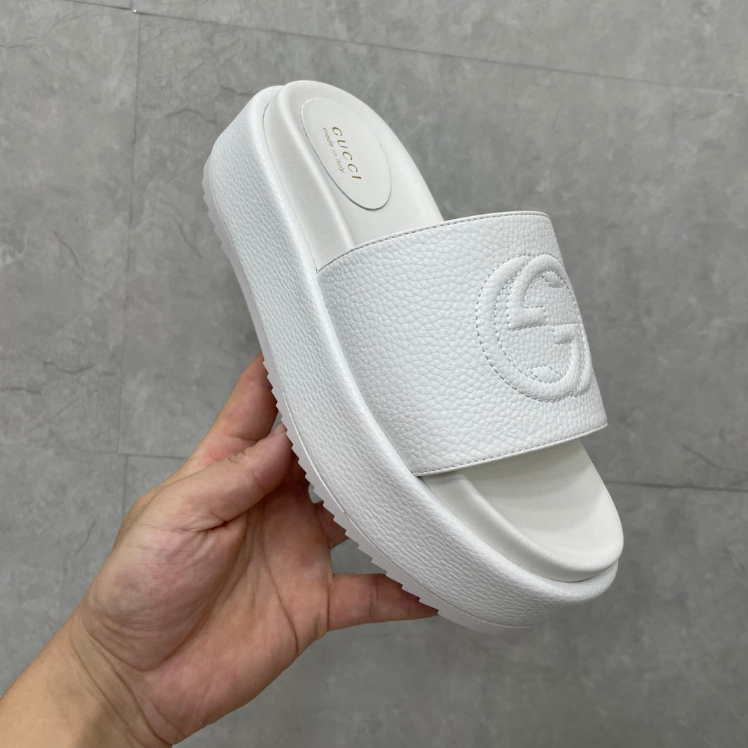 Sandália GG Plataforma Slider Couro Branco interlocking